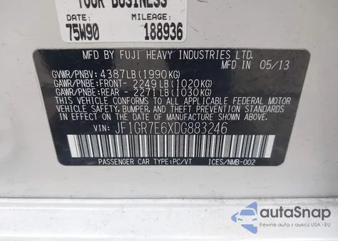 2013 Subaru Impreza Wrx from USA, damaged, VIN JF1GR7E6XDG883246